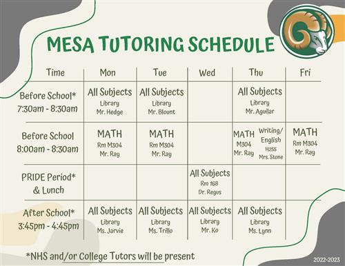 Mesa Tutoring Schedule